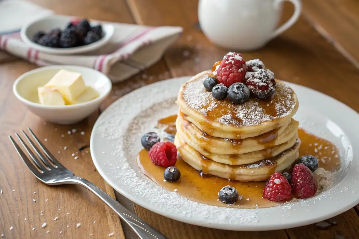 Fluffy mini pancakes stacked with syrup and fresh berries on a breakfast table