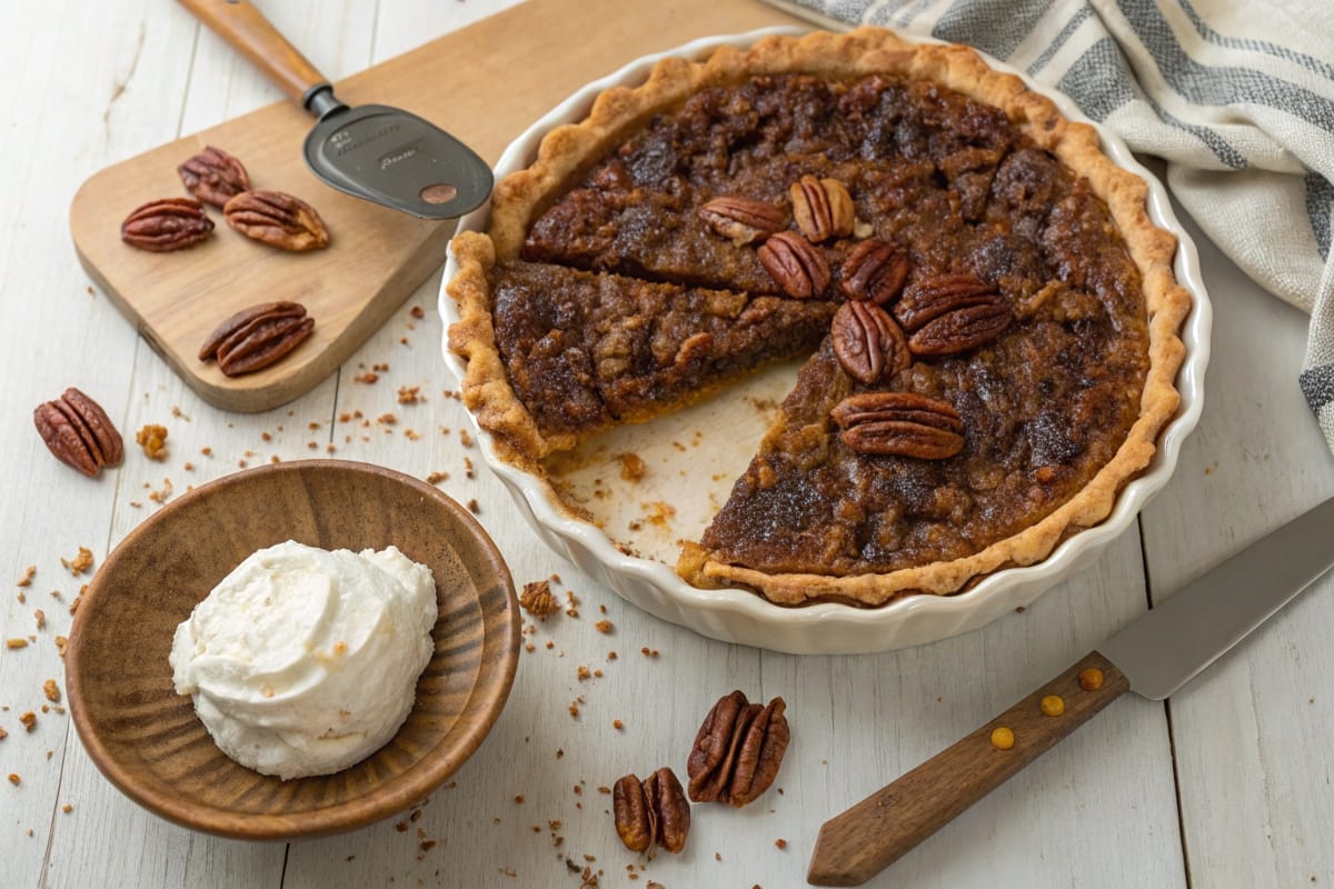 Freshly baked pecan pie with a glossy, caramelized pecan topping in a ceramic dish, served with whipped cream