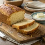 Freshly baked gluten free bread with a soft crumb, sliced on a wooden board