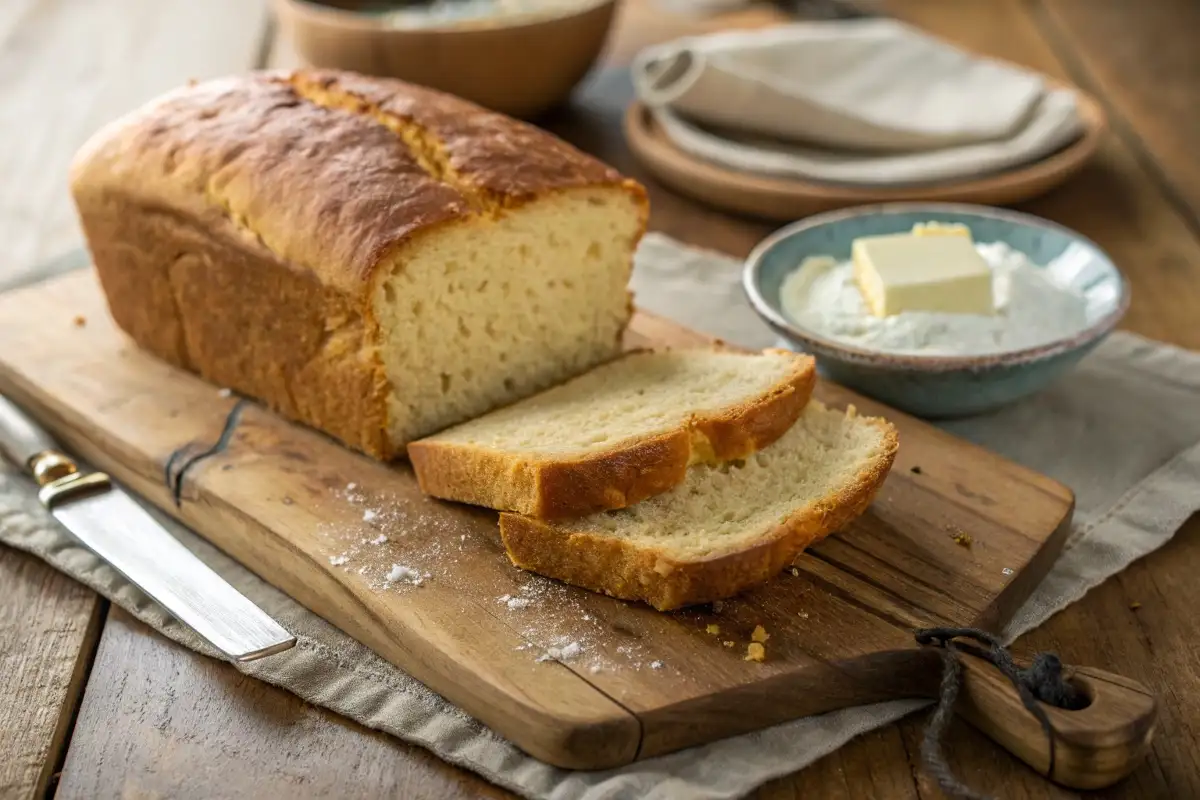 Freshly baked gluten free bread with a soft crumb, sliced on a wooden board