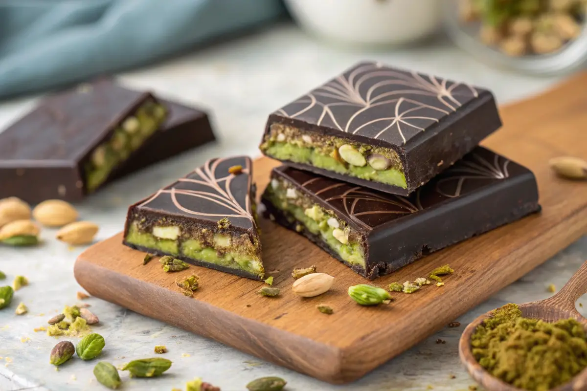 A close-up of a Dubai Chocolate bar with a glossy chocolate shell, revealing layers of pistachio and knafeh filling, placed on a wooden board