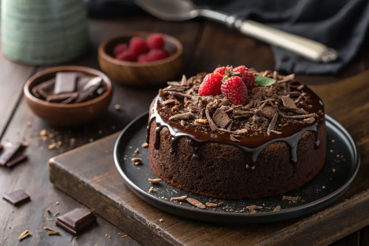 Decadent homemade chocolate cake with rich chocolate ganache and chocolate shavings