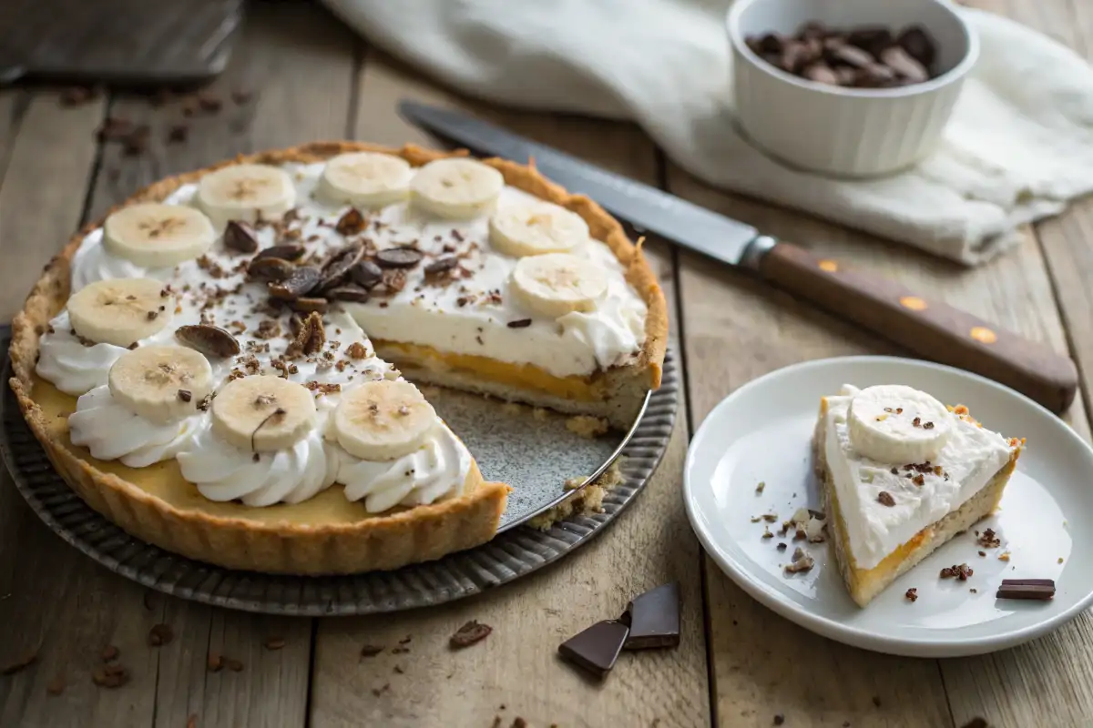 A freshly baked Banoffee Pie with a slice removed, revealing layers of buttery crust, caramel, bananas, and whipped cream, garnished with chocolate shavings