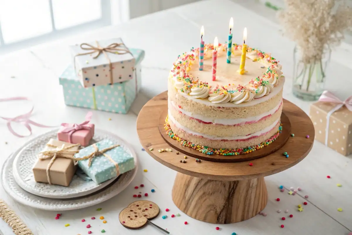 Festive birthday cake with pastel buttercream, colorful sprinkles, and lit candles on a wooden stand, surrounded by gifts and confetti