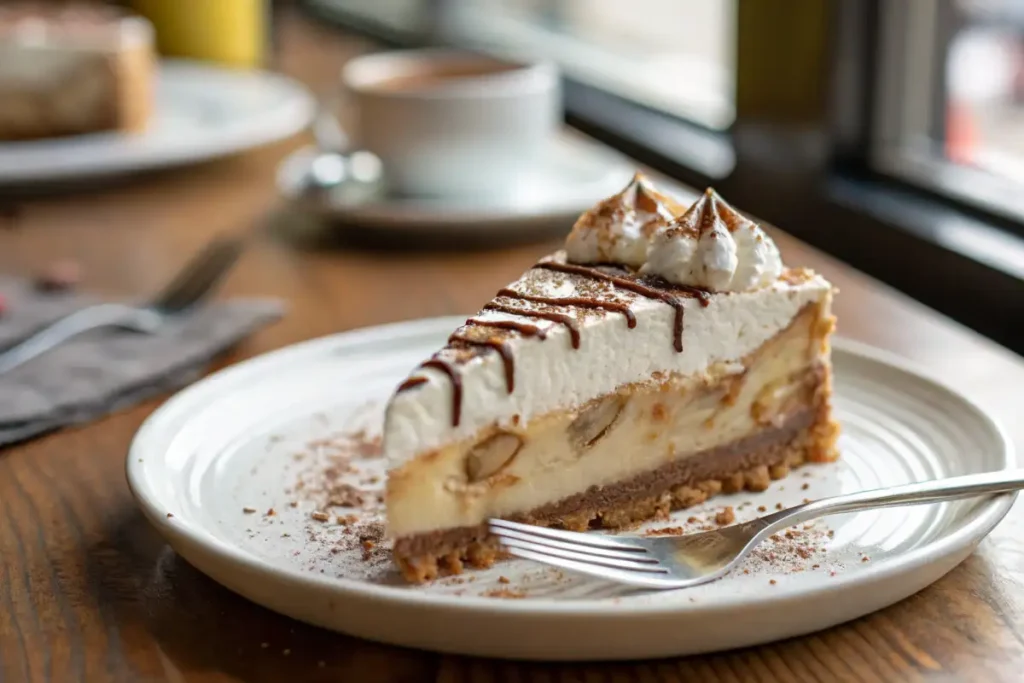 A decadent slice of Banoffee Pie topped with whipped cream and drizzled with chocolate, served on a white plate with a fork and coffee in the background