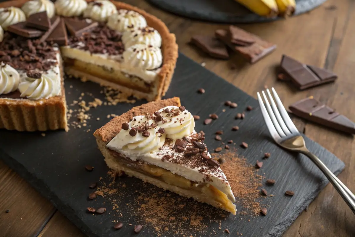 A perfectly layered Banoffee Pie with a biscuit crust, toffee, bananas, and whipped cream, served on a wooden table