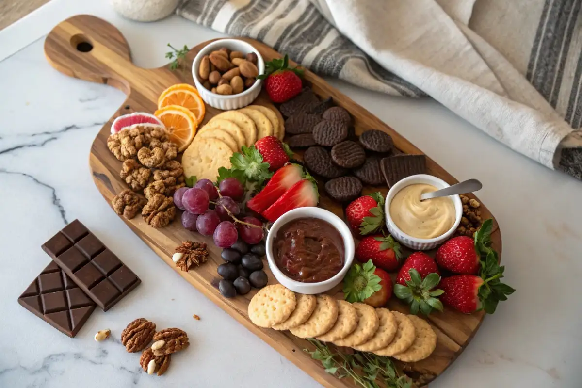 A stunning dessert charcuterie board with chocolates, fruits, and cookies arranged on a rustic wooden board, styled elegantly