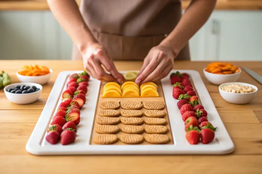 A person arranging cookies and fruits on a dessert charcuterie board, showing the assembly process